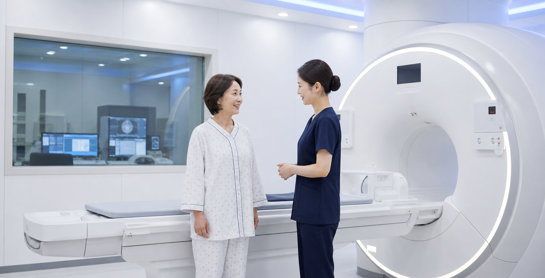 MRI 검사실에서 검사 전 상담하는 환자와 방사선사의 모습